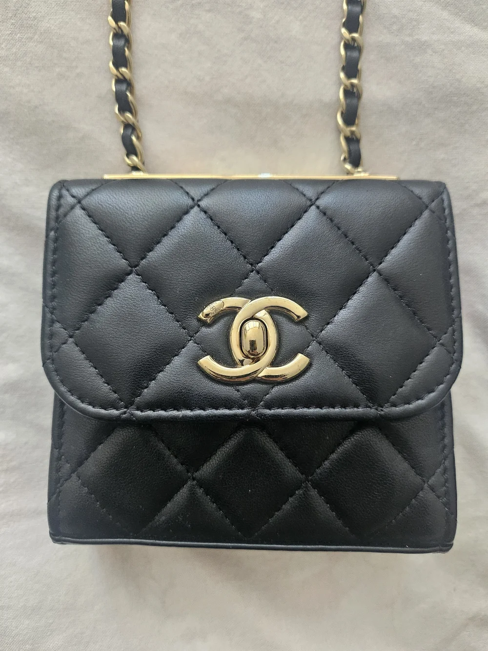 CHANEL Black Quilted Leather Mini Chain Wallet with Gold Hardware